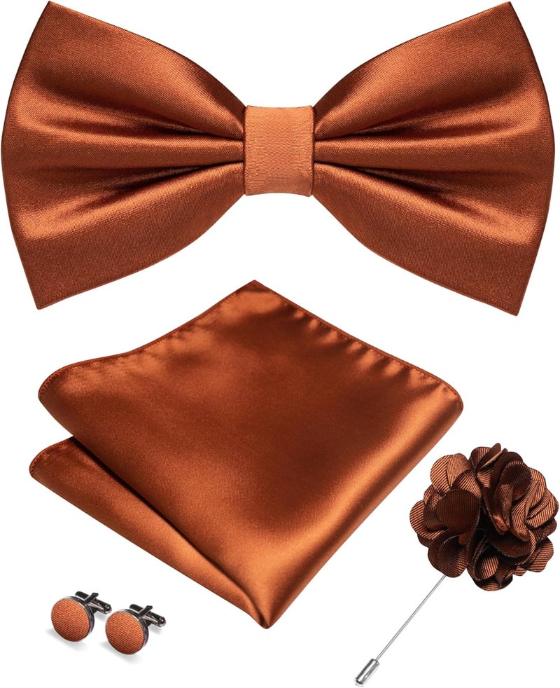 RBOCOTT Solid Color Bow Tie and Pocket Square with Lapel Pin Cufflinks Set 4PCS - Image 1